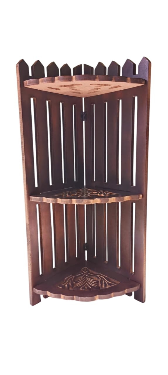 Wooden Corner Rack with 3 Shelves, Foldable MDF Wood Stand, Carved Design, 21.59 cm x 21.59 cm x 63.5 cm-image-36