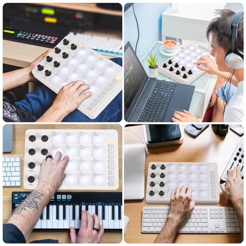 Image of Wireless MIDI Controller Pads, Bluetooth Portable USB MIDI Controller with 16 Drum Pads, 8 Assignable Knobs, Note Repeat, Full Level Buttons, Rechargeable battery (White Pad)