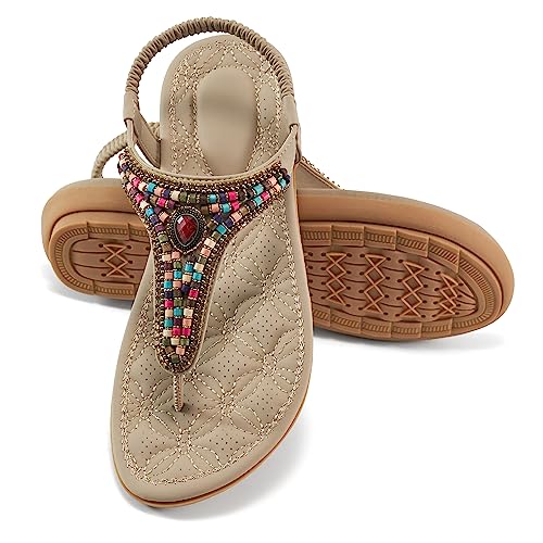 Ecetana Womens Sandals Dressy Flat with Bohemian Beaded Comfortable Casual Summer Slip On Ankle Elastic Thong Shoes