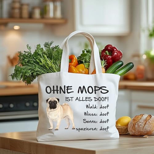 AdriLeo Einkaufstasche Ohne Mops ist alles doof! beige/stehend