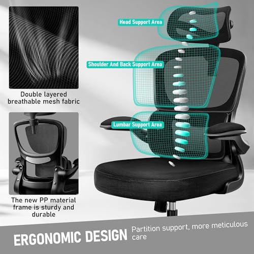 Image of BESTFAIR High Back Ergonomic Office Chair, Breathable Mesh Desk Chair with Lumbar Support, Adjustable Headrest, Flip-up Armrests, Computer Gaming Chair