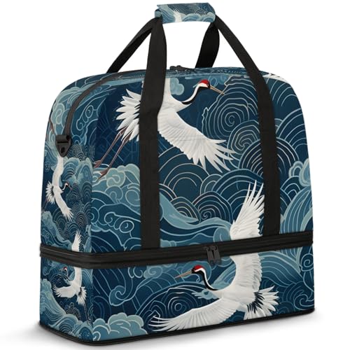 Large Weekender Overnight Bags Japanese Waves Animal Crane Travel Duffel Bag for Women Men Gym Bag With Shoe Compartment Foldie Travel Tote Bag Carry On Personal Item Bag for Travel Gym Sports