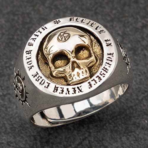 Men's Skull Ring 925 Sterling Silver Golden Skull Head Ring with Sun Totem Two Tone Punk Gothic Cocktail Party Ring Jewelry for Men Women Open Adjustable4