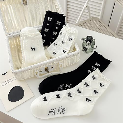 Image of Starella Women's Ruffle Frilly Socks Coquette Bow Scalloped Lace Preppy Dress Sock 5 Pairs Black White