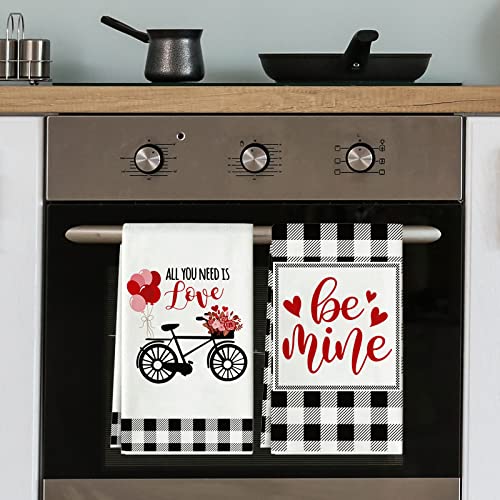 Whaline 4Pcs Valentine's Day Kitchen Towel 28 X 18 Inch White Black Buffalo Plaids Swedish Dish Towel Heart Truck Bicycle Sweet Style Hand Drying Tea Towel For Holiday Kitchen Bathroom Home Supplies #TOP6