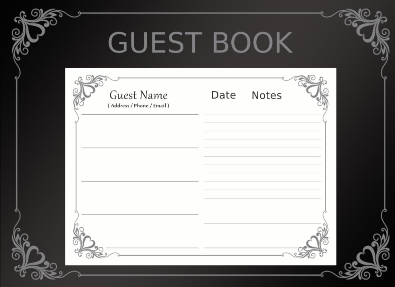 Guest book with space for name, address, email, telephone number and notes for
