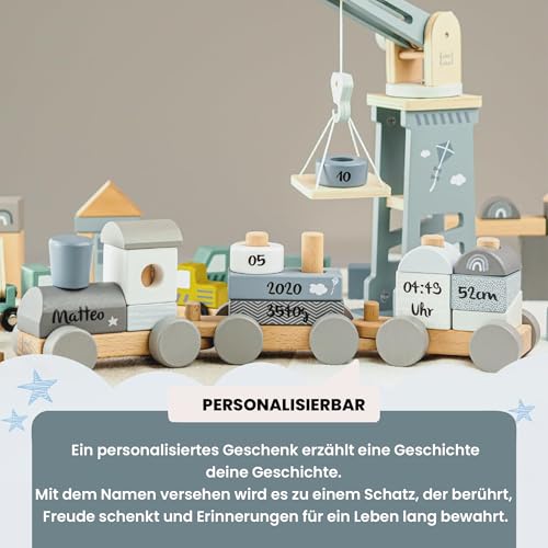 Personalisierte Holzeisenbahn blau - Personalisierte Geschenke Baby I Steckspielzeug I Geschenk zur Geburt Junge I Holzzug mit Name & Geburtsdaten - Label Label