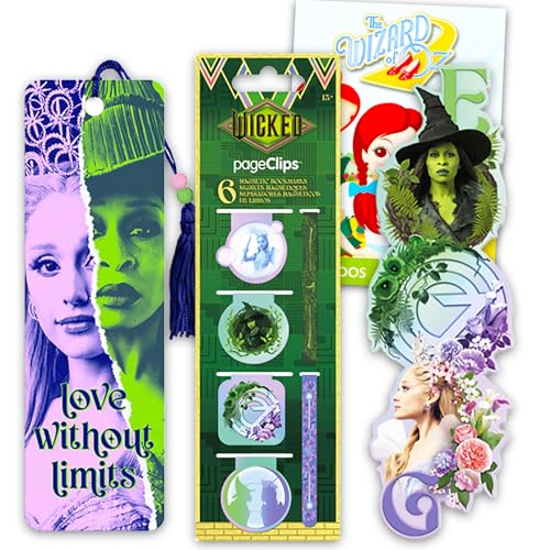 Wicked Bookmark Set - Bundle with 8 Bookmarks and Page Clips Featuring Elphaba Glinda More Plus Tattoos | Wicked for Good School Supplies for Kids