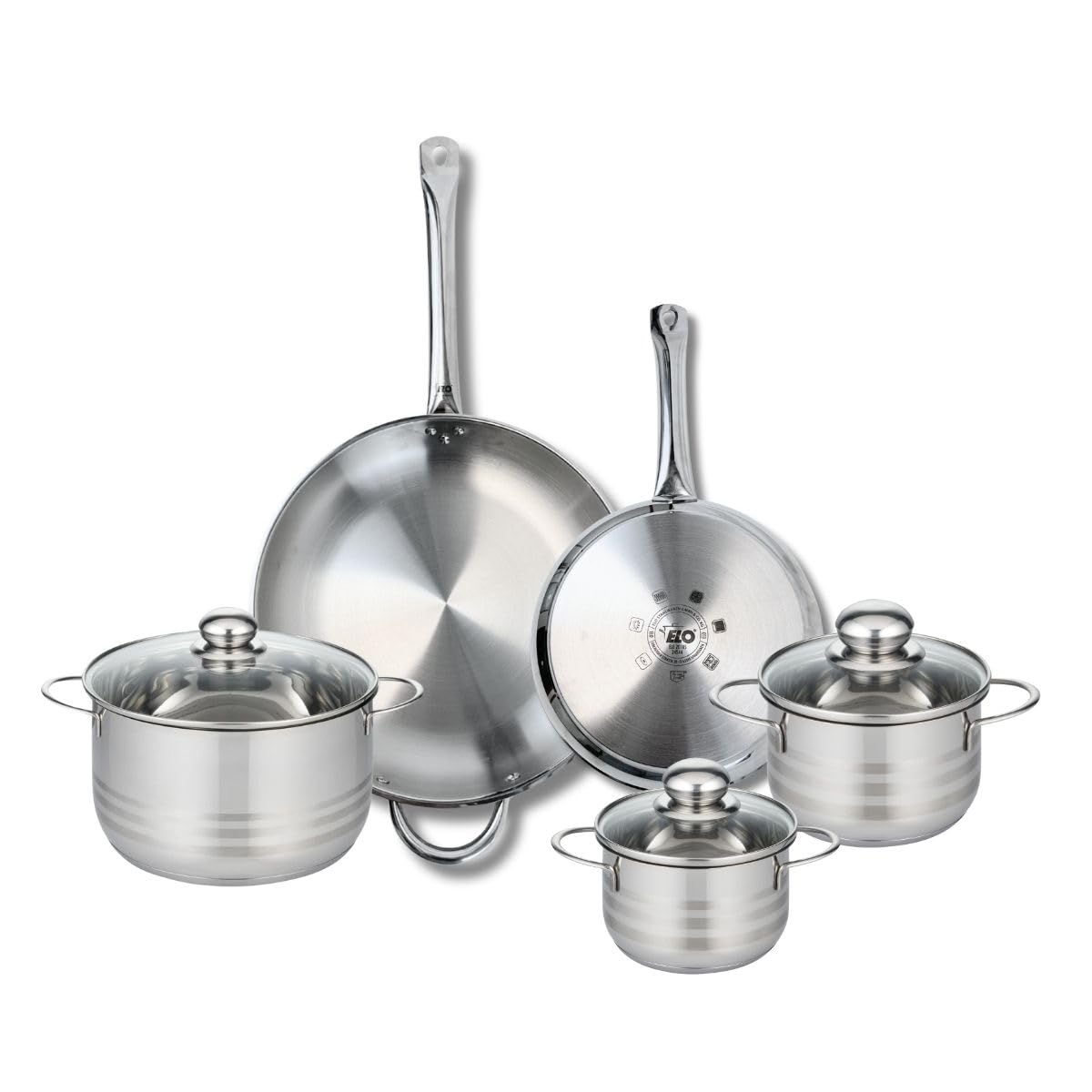 Elo Kochgeschirr-Set, 2 Pfannen 24/32 cm, 3 Kochtöpfe 14/16/20 cm | Komplettes Kochgeschirr, 5-teiliges Set, 2 Pfannen 24 und 32 cm, 3 Kochtöpfe 14, 16, 20 cm, Edelstahl, induktionsgeeignet