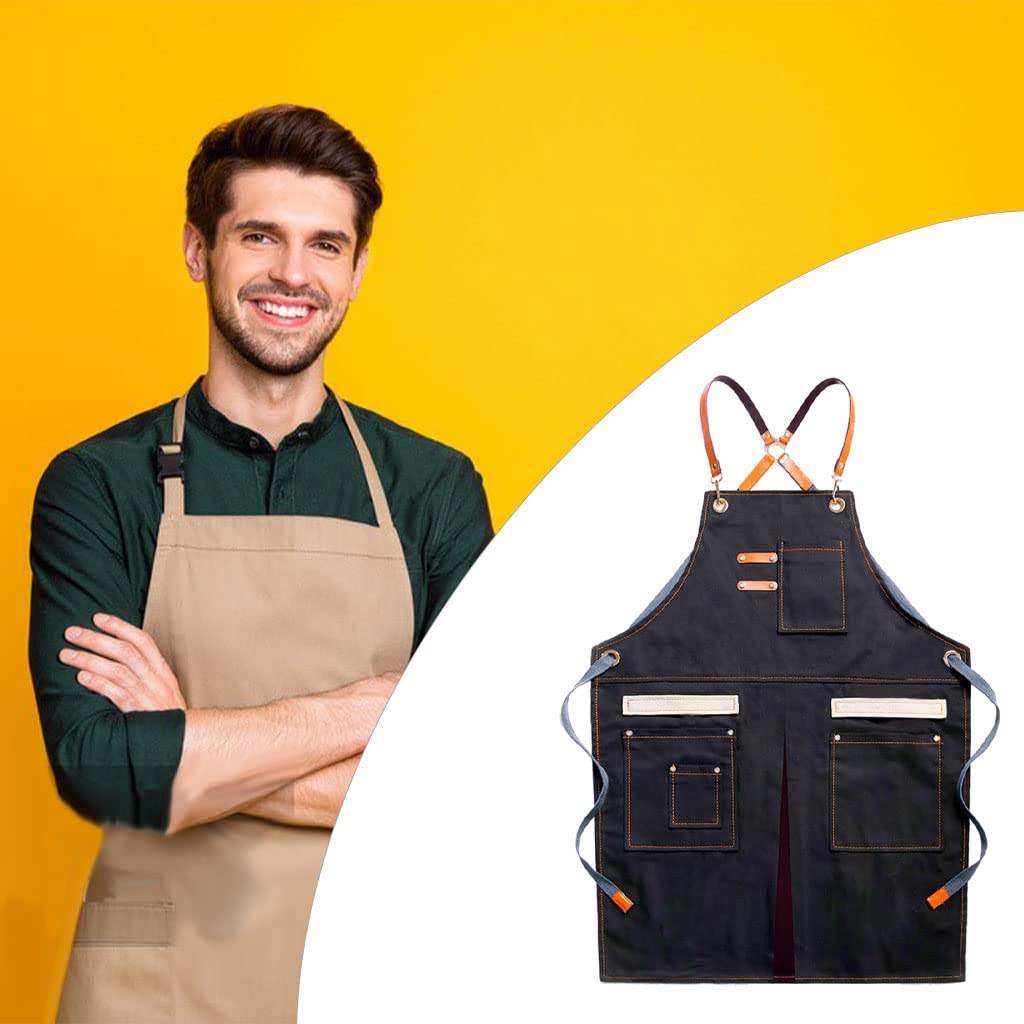 Delantal de Lona con Diseño de Tirantes Y Bolsillos Amplios para Chef Camarero Pintores Y Panaderos Función Antimancha Adecuado para Barbacoa, Negro, Individual