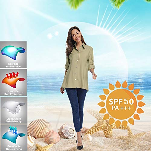 Women's Upf 50 Long Sleeve Sun Protection Shirts Quick Dry Outdoor Fishing Hiking Travel Shirt (5019 Light Khaki, Small) #TOP4