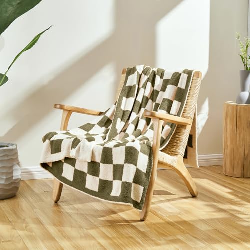 Image of CozeCube Olive Green White Reversible Checkered Knit Throw Blanket 50 inchx60 inch