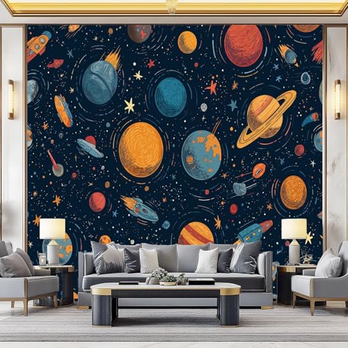 Fondos de pantalla con imágenes panorámicas Dibujos Animado Planeta Nave Espaciales Espaciales Decoración de pared decorativa para el dormitorio del hogar 400 x 280 cm papel tapiz multiusos Vistoso