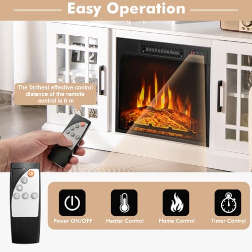 COSTWAY Electric Fireplace Insert TV Stand, Entertainment Center Console Table with Adjustable Flame, Overheat Protection Fire Heater & Remote (White, 18” Fireplace, for 55” TV) - Image 3