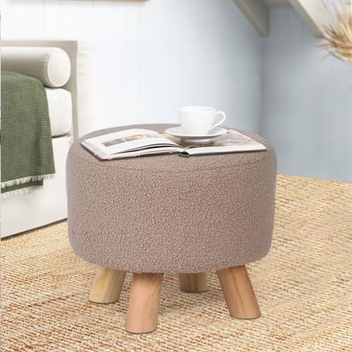 Asense Small Round Ottoman Foot Rest Stool Teddy Velvet Padded Seat Footstool Ottoman with Non-Skid Wooden Legs (Khaki,Teddy Velvet)