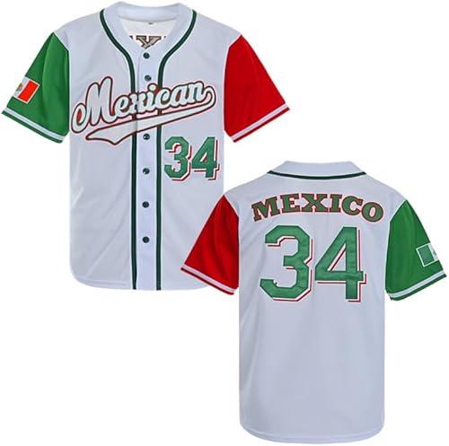 Men's Mexico 34 Button Down Jersey Short Sleeve Hipster 80S 90S Hip Hop Baseball Jersey (as1, Alpha, l, Regular, Regular, White)
