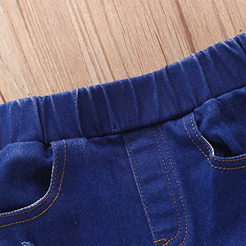 Toddler Girls Ripped Flared Jeans Kids Casual Elastic Waist Frayed Hem Pants Bell Bottom Pants (Blue, 18-24 Months)4