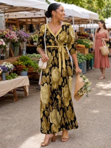 Image of SUZONANA Plus Size Dresses for Women Floral Print Maxi Dress Flowy 3 /4 Sleeve with Belt