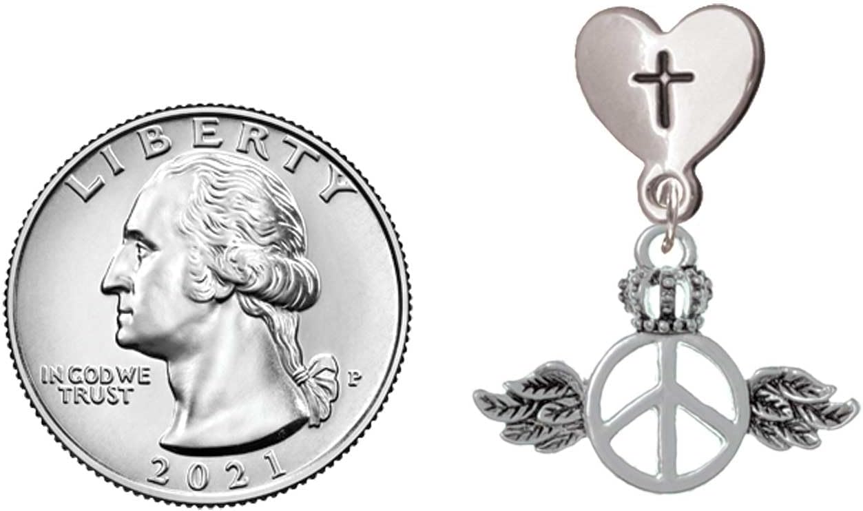 Delight Jewelry Silvertone Winged Peace Sign with Crown Cross in Heart Post Dangle Earrings