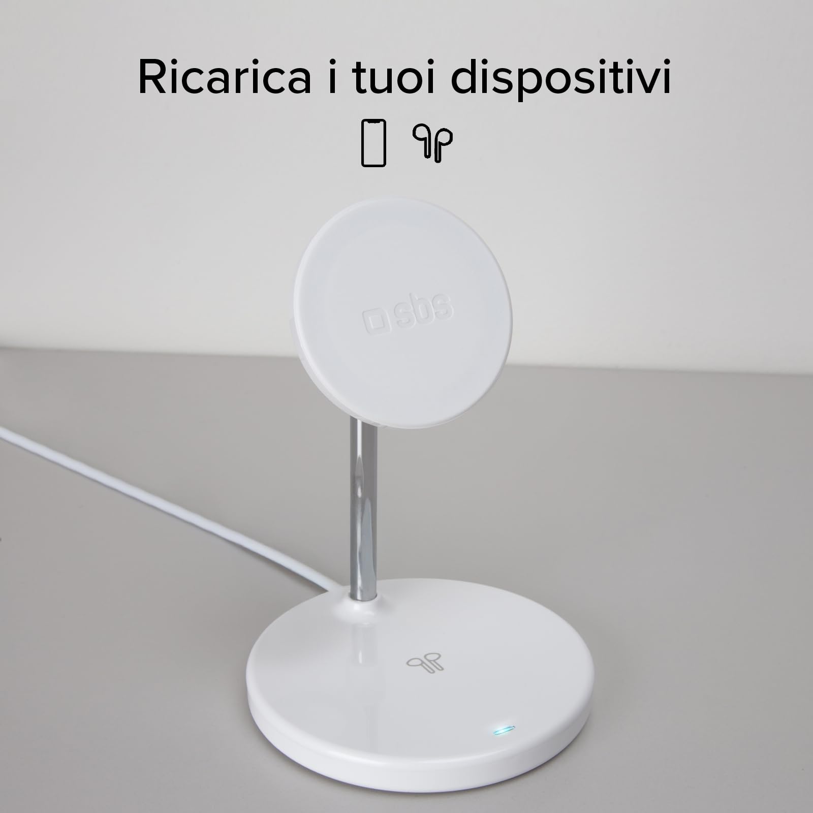 SBS Stazione Ricarica Wireless 2in1, Ricarica Rapida 15W, MagSafe, Doppia Carica Smartphone Magnetico 15W e Cuffie 5W, Automatic Detection System (ADS), Design Minimal, Bianco | Doppia Carica Smartphone Magnetico 15W e Cuffie 5W, Automatic Detection Syste
