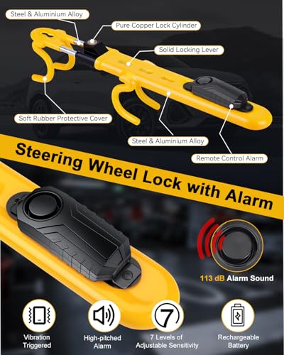 Steering Wheel Lock with 113dB Alarm, ELECTOP Heavy Duty Anti-Theft Car Device Car Wheel Lock with Adjustable Locking and 3 Keys, Car Security Lock Car Alarm System for Auto Truck Van SUV - Thumbnail 2