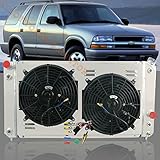 ALLOYWORKS 4 Row Core All Aluminum Radiator + Shroud Fan Kits + Relay For 1996-2005 Chevy Blazer S10 Pickup Truck/GMC Jimmy Sonoma V6 V8