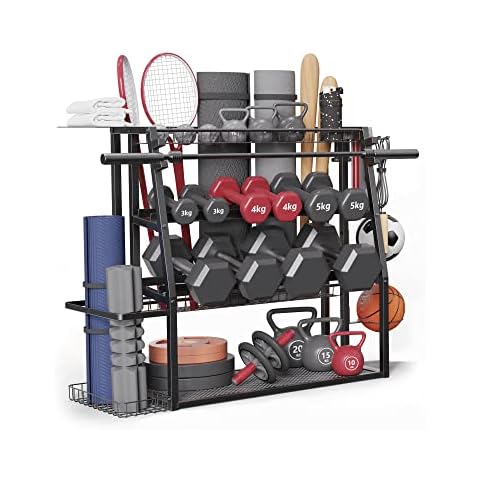 Merapi 3 Tier Dumbbell Weight Rack, Steel Home Gym Storage Stand, Heavy Duty Weight Rack for Dumbbells, Yoga Mats, Kettlebells, Black Cover