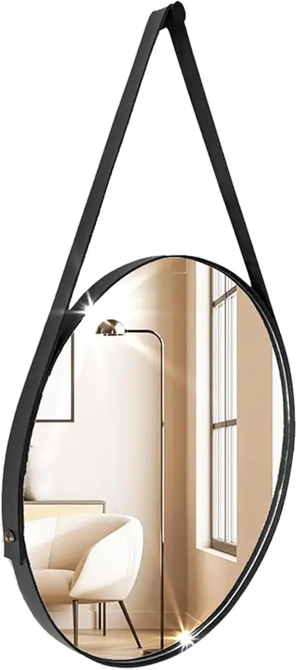 Espelho Adnet Redondo Decorativo 30cm em Couro Sintético – Elegância e Sofisticação para seu Ambiente (Preto)