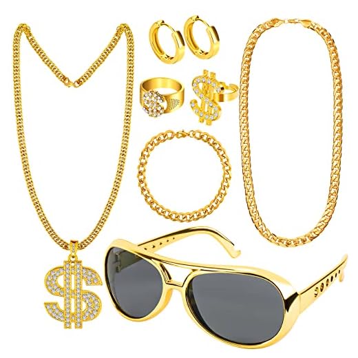 Dreamtop 7 Piezas Kit de Disfraces de Hip Hop, Accesorios Disfraz de Rapero Collar Dollar Cadena de oro Falsa Gafas de sol Hip Hop Anillo Pendientes de oro Hombre Accesorios de Rapero 80s/ 90s