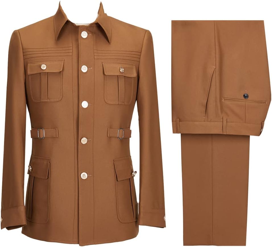 Men Brown Safari Suits Gold Button Square Collar Blazer Jacket Tuxedo Pants 2 Pcs Sets