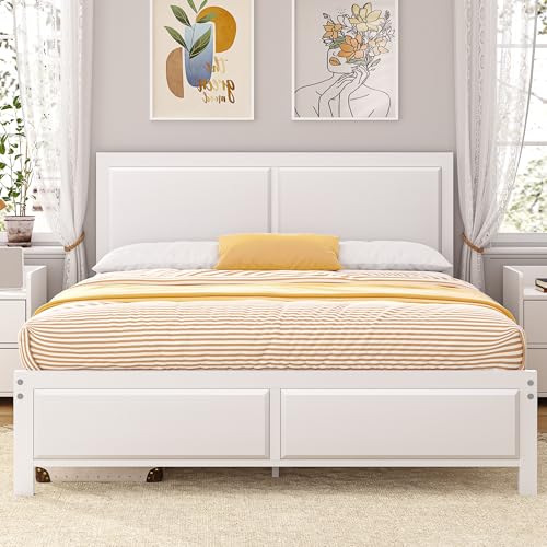 VECELO Queen Size Bed Frame with White Wood Headboard and Footboard, 14 Inch Platform Mattress Foundation, No Box Spring Needed, Heavy Duty Support, Easy Assembly