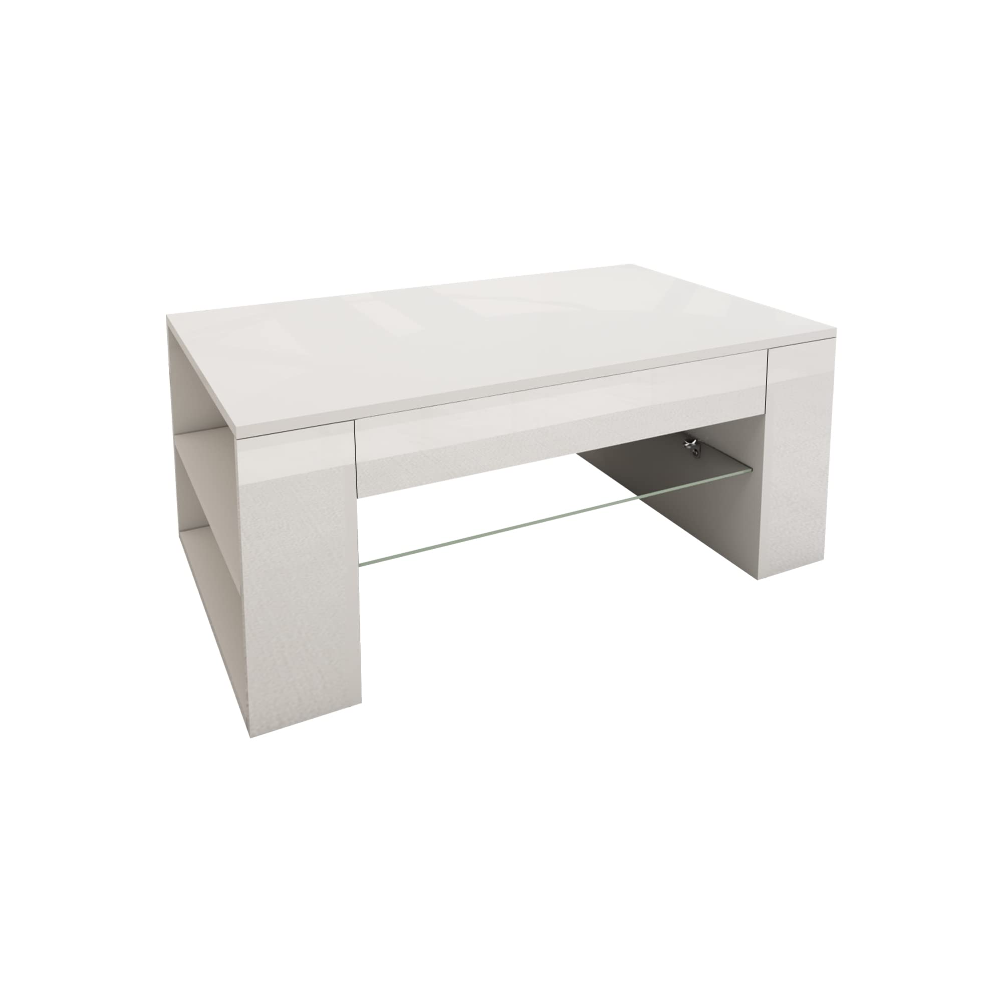 ML-Design Mesa de Centro y Estante de Almacenamiento 100 x 42 x 60 cm Revestido Blanco con Balda de Vidrio y 4 Compartimentos Laterales Elegante Mesita de Café Rectangular para Salón
