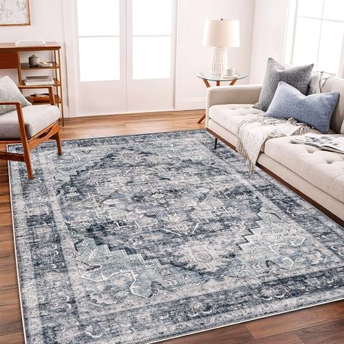 CHAMPLANT Area Rug 6'x9' Dark Blue Washable Vintage Traditional Floor Cover Thin Retro Kitchen Indoor Distressed Non Slip Carpet for Living Room Bedroom Dining Room