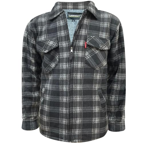 Whispering Jones London Mens Lumberjack Fur Fleece Lined Padded Shirt Flannel Work Warm Thick Top Jacket, Black Charcoal - Padded Shirt, L