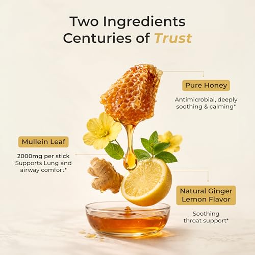 Image of Trusted Rituals Mullein Honey Sticks - 2000mg Mullein per Stick - Lung Detox & Respiratory Health Support - Mullein Leaf Extract Supplement with Raw Honey - Ginger Lemon Flavor - Throat Soothing & Seasonal Comfort - For Smokers and Seasonal Allergy Support - 30 Sticks