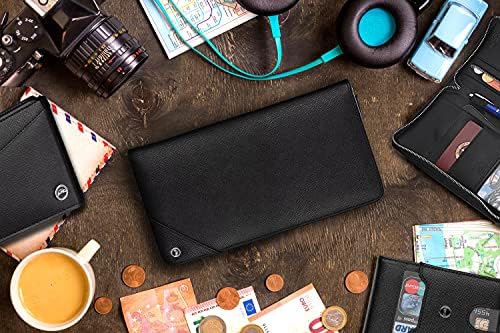 Snazzy Hawk Passport Holder - Saffiano Genuine Leather Design, Multi-Purpose RFID Travel Wallet Organiser - For Money, Tickets, Boarding Pass, Bank Cards - Sim Card Tray, Pen, Zip Money Pocket - Black