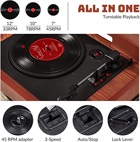 ORCC 10-in-1 Record Player, Nostalgic Turntable for Vinyl Record with Bluetooth, 2 Built-in Speakers, CD, Cassette, AM/FM Radio, USB, SD Slot, Remote Control