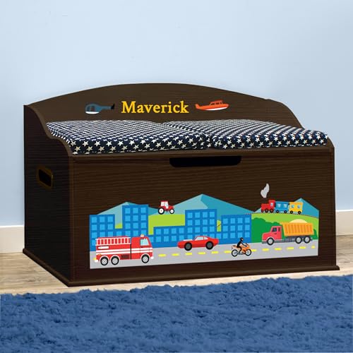 DIBSIES Personalized Creative Wonders Toy Box, Cars, Trucks, Planes, & Trains, 30 x 19.25 x 18 inches, Soft-Close Lid (Espresso)