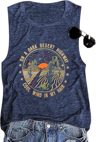 Adventure Tank Tops Women Desert Highway Shirts Nature Graphic Summer Sleeveless Outdoor Tshirt Vest (US, Alpha, Medium, Regular, Regular, Dark Blue)