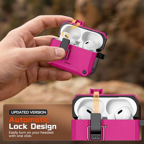 Image of Inesore for AirPods AirPods Pro 1st /2nd Case with Secure Lock (Rose red) | Phone Stand Design,Compatible with MagSafe,Automatic Snap Switch Secure Cover Carbon Fiber Texture with Cleaner Kit