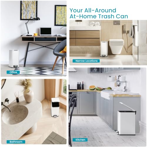 Image of Home Zone Living 4 Gallon Slim Kitchen Trash Can with Soft Close Lid and Step Pedal, Matte White Stainless Steel Wastebasket with Removable Bucket