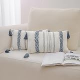 Zufudo Pack of 2 Lumbar Throw Pillow Covers with Tassels Cotton Boho Modern Decorative Cushion Case for Couch Bedroom, 12×20 Inch Blue