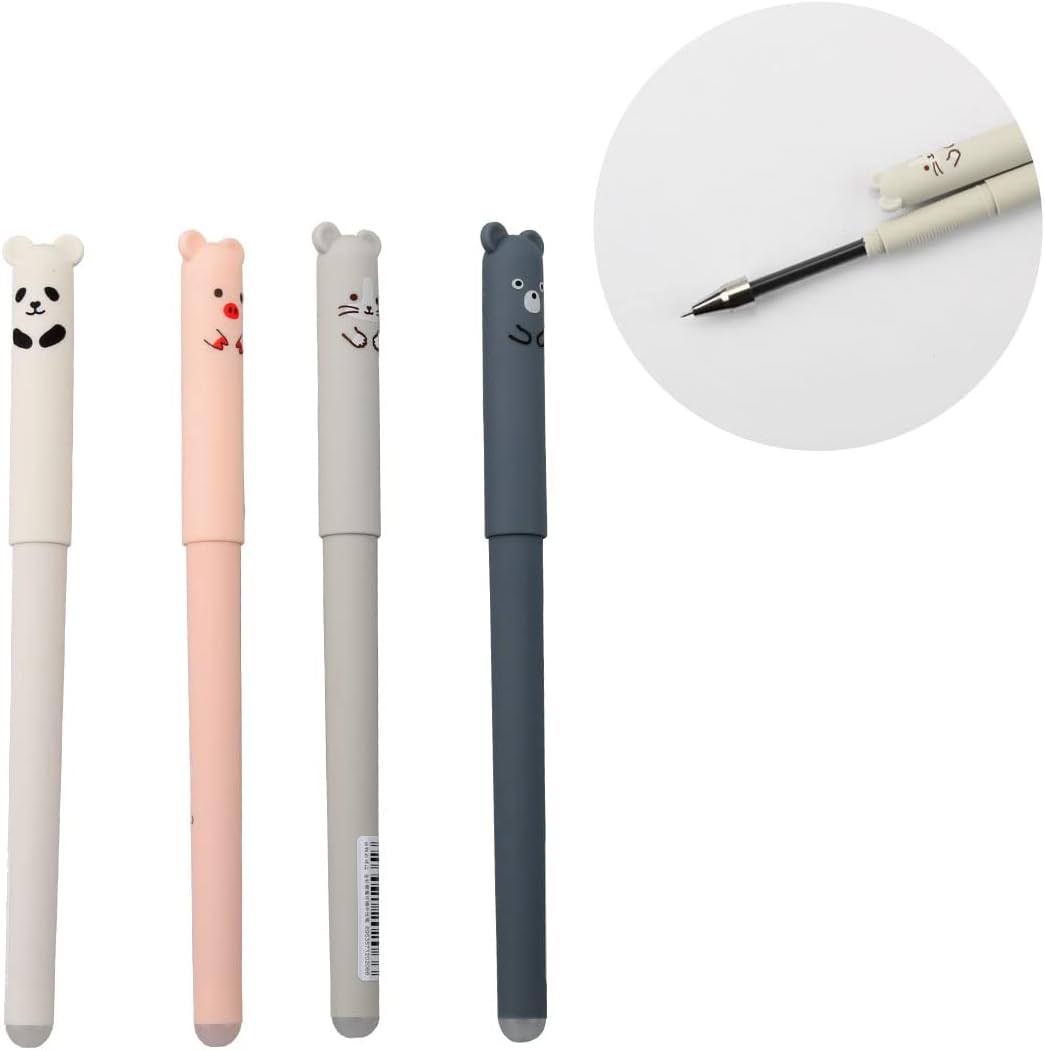 4PCS Cute Cartoon Animal 0.35mm Erasable Gel Pen Refillable for Students Stationery School Office Supplies (Black Ink)