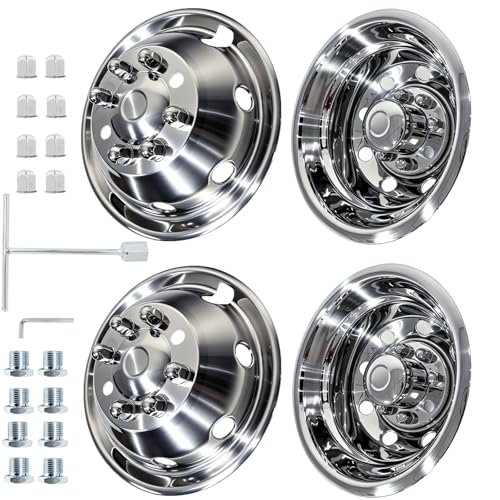 Image of hightall 16 Wheel Simulators, 16 inch 8 Lug 8 Vent Holes,Stainless Steel RV Hubcaps,Polished Surface,2Pcs Front Wheel /2Pcs Rear Wheel,Bolts On Wheel Cover Compatible with Ford 1992-2007 E-350 /E450 Dually