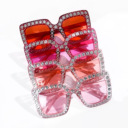 Pibupibu 4 Pack Red Pink Bling Crystal Sunglasses Oversized Square Glitter Rhinestone Sunglasses for Women Party Favors