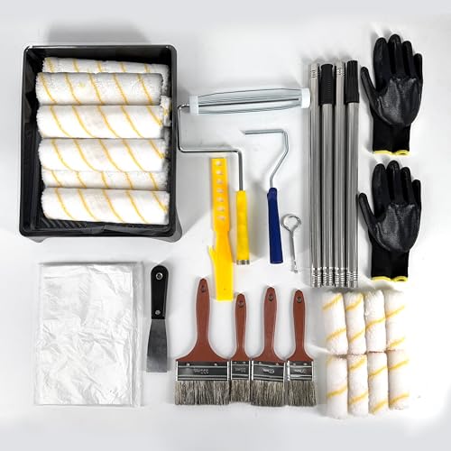 33PCS Paint Roller Kit with 4-Section Extension Pole, 9'' Roller Trays, Heavy-Duty Handles, Microfiber Paint Rollers, Brushes, Drop Cloth, House Painting Tools for Walls, Ceilings & Home Renovation