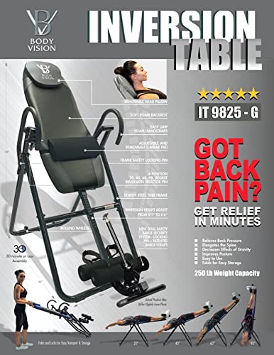 Body Vision It9825 Premium Inversion Table With Removable Head Pillow & Lumbar Support Pad, - Heavy Duty - Up To 250 Lbs., Gray #TOP1