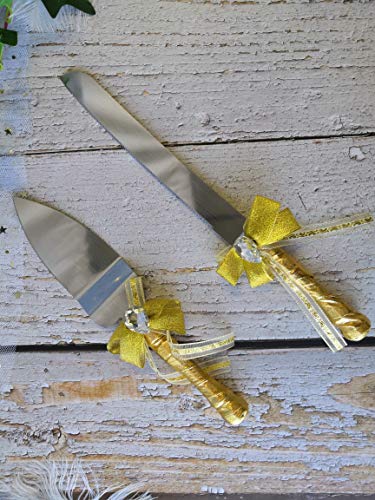 Abbie Home Cake Knife Server Set Wedding Quinceanera Cake Cutter Tool with Rhinestone Golden Lace Bow Decorated Glasses, Set of 2 (Cake Knife&Server Set)