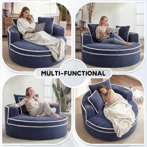 Image of Oversized Round Chair Lounge Chaise Indoor, 54.3 inch Upholstered Corduroy Deep Seat Single Cloud Sofa Chair with Cup Holder, Modern Large Circle Boneless Sleeper Sofa for Living Room, Blue