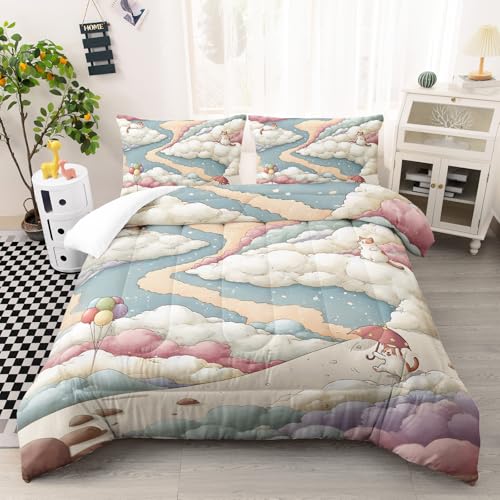 Image of AILONEN Aesthetic Sky Comforter Queen Size 3 Pieces Whimsical Cat Path Bedding Master Guest Room Luxury Decor Pastel Rainbow Quilted Blanket All Season Microfiber Bedspread Set